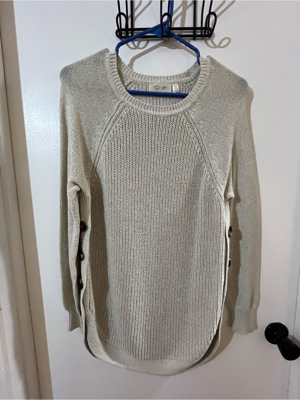 RD Style Neutral Beige Crewneck Sweater with Side Button Accents